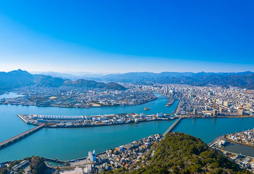 山と海に囲まれた高知市街の空撮